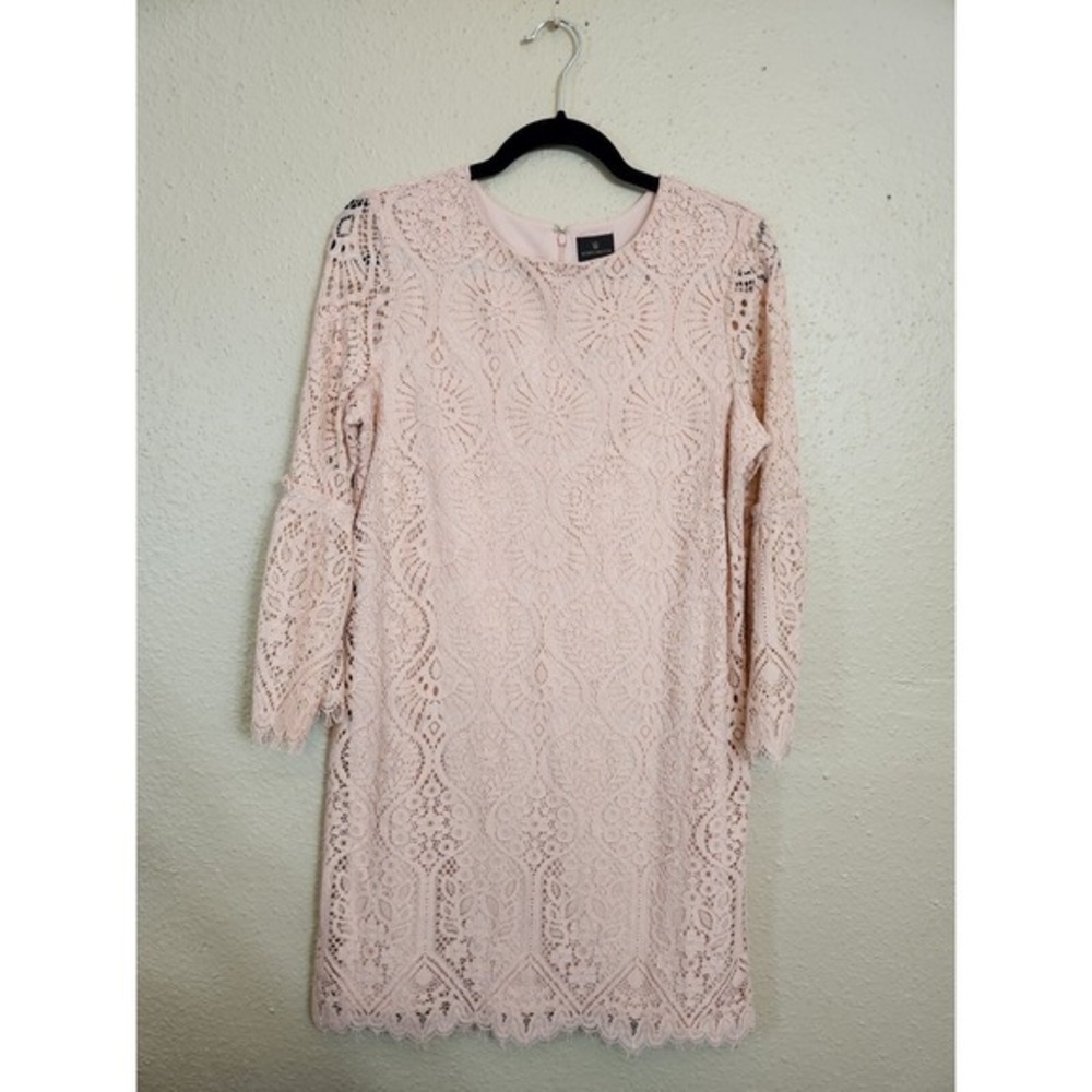 Worthington Womens Rose Pink Floral Lace Bell Sleeve Shift Dress Size Medium NWT